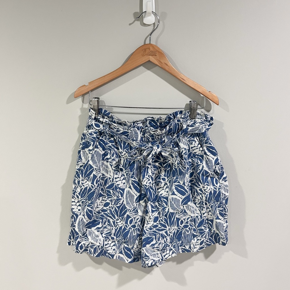 ANA Womens Size S Blue White Floral High Rise Linen Blend Belted Pull On Shorts